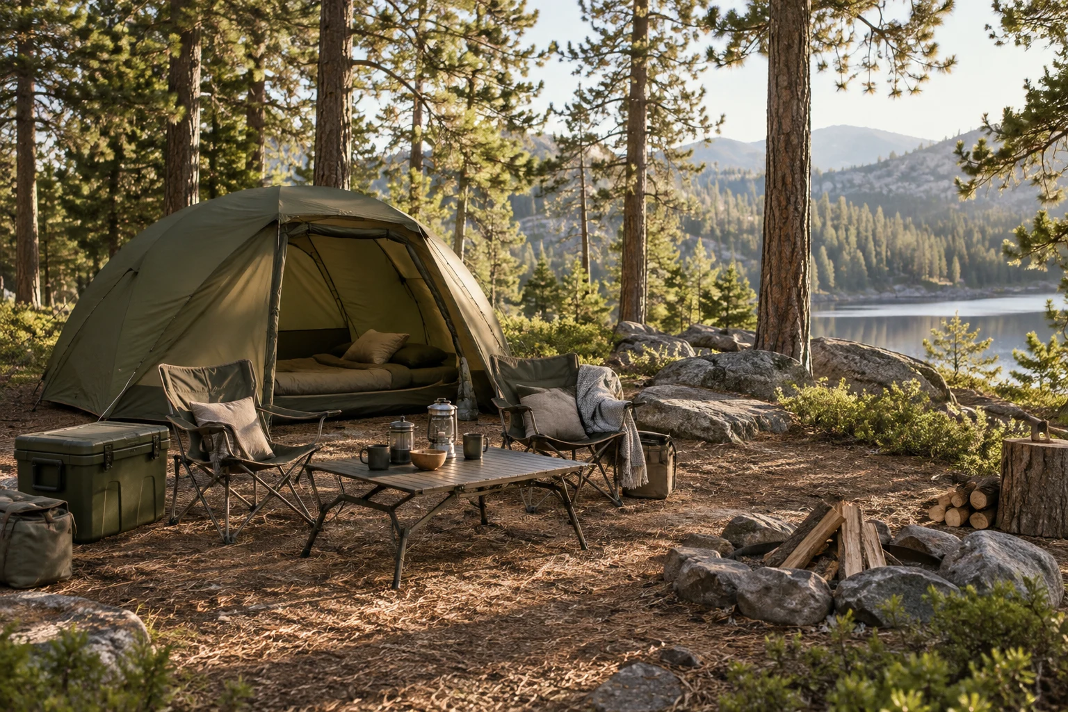 Illustrative tent, chairs and camping equipment in a forest clearing