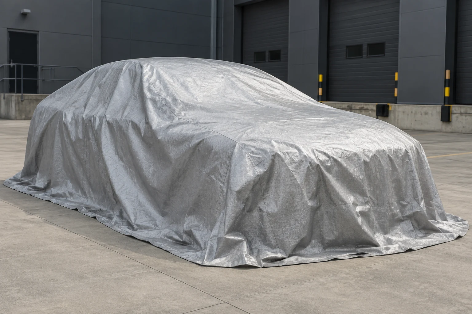 Illustrative silver fire containment blanket covering a vehicle in an industrial setting